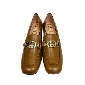 GUCCI Brown Leather Interlocking G
Zumi Logo Square Toe Block Heel
Loafers NEW